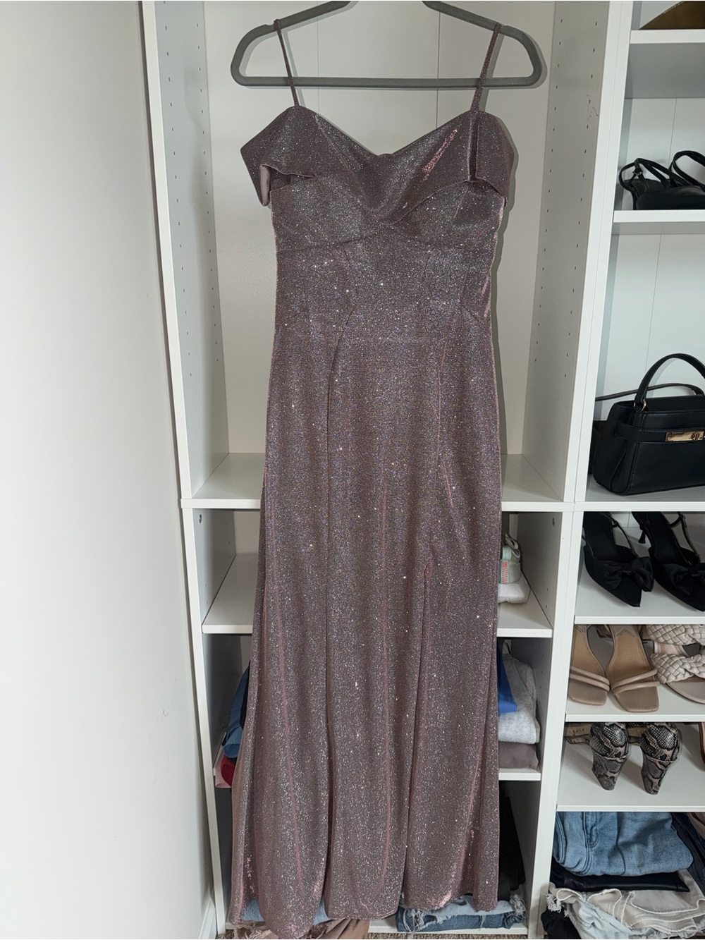 Night Way Collections Asymmetrical Shimmery Mauve Evening Gown